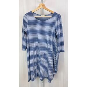 CHALET S Asymmetric Striped Knit Tunic Top 3/4 Half Sleeve Cotton Bamboo Blue